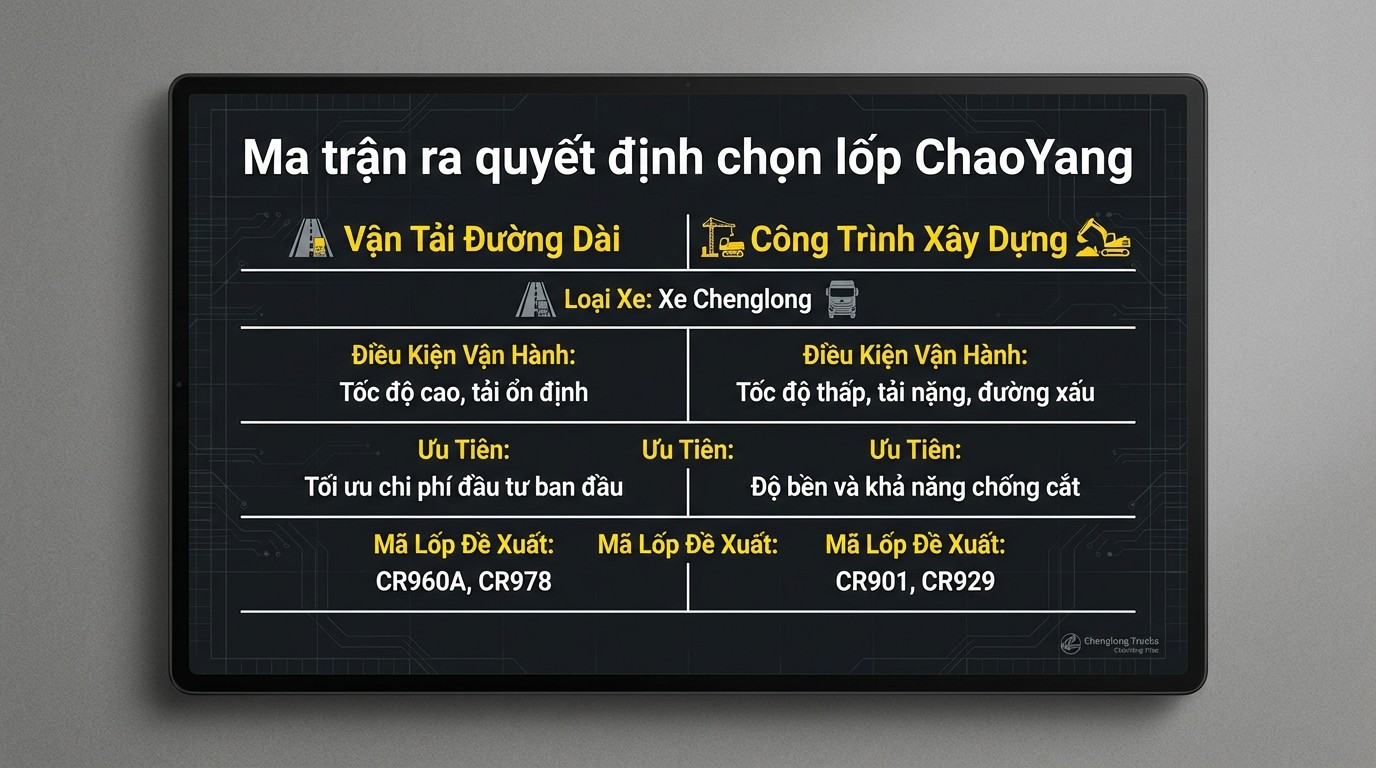 Ma trận ra quyết định chọn lốp ChaoYang theo loại hình vận tải đường dài và công trình xây dựng cho xe Chenglong