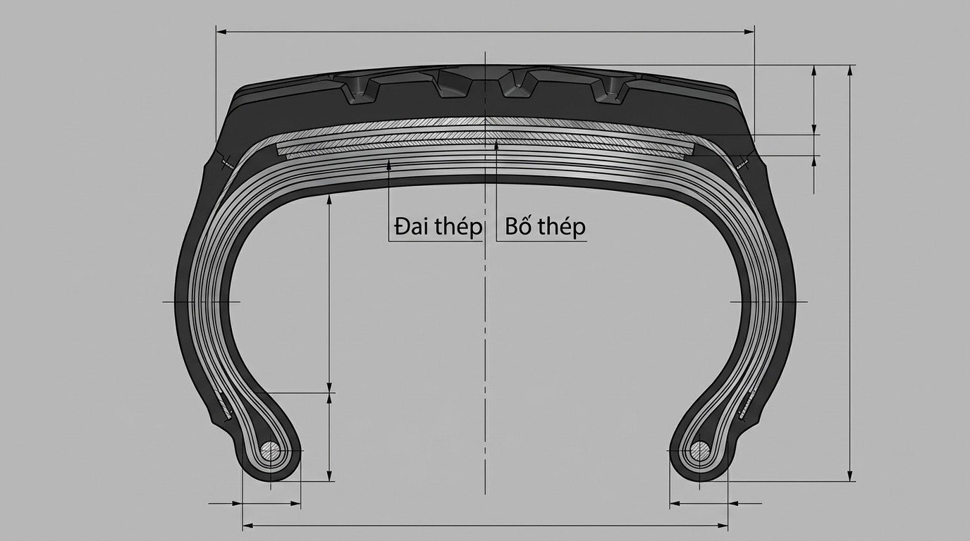 Sơ đồ cấu trúc All Steel Radial với bố thép và đai thép trên lốp xe ben